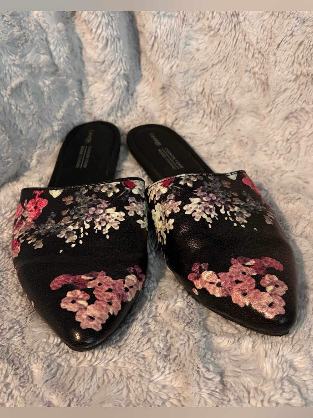 George Brand Black & Floral Slip On Flats - Size 8